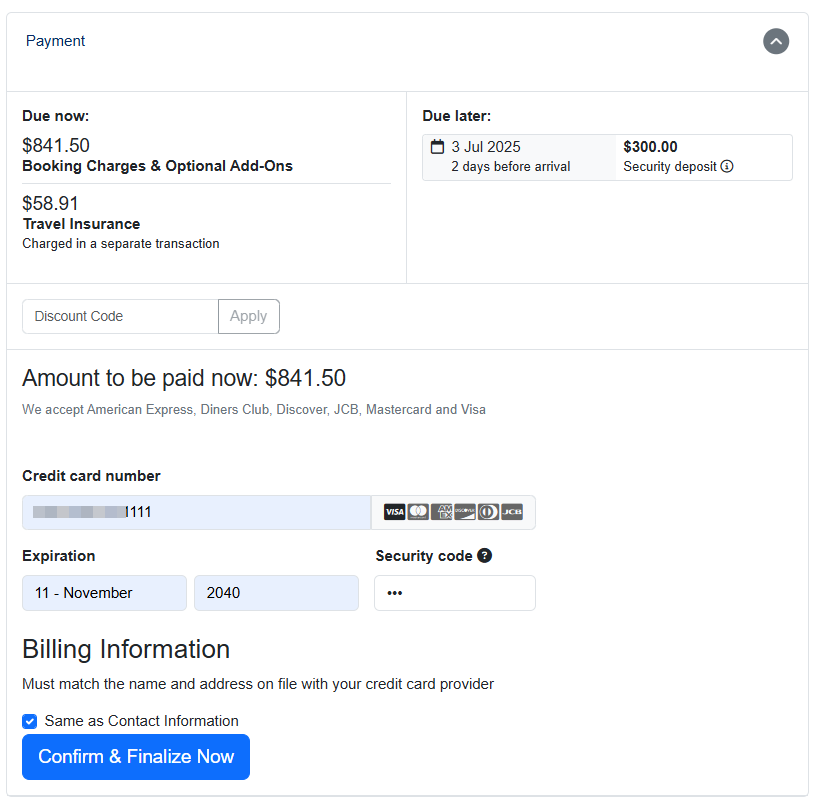 The Payment section lets guests enter a discount if they have one, add their credit card details, and click Confirm & Finalize Now.