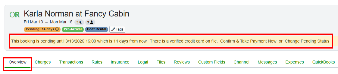 Once you've had a chance to review the guest's request and would like to move forward with the reservation, go to Bookings and open the reservation. You will see options at the top of the screen to 