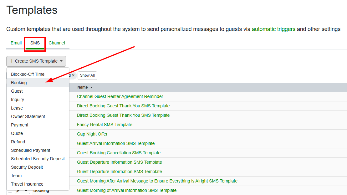 Users can navigate to Settings > Messaging > Templates.  In the SMS tab, users can select the type of SMS Template that they want to create from the Create SMS Template drop-down list.