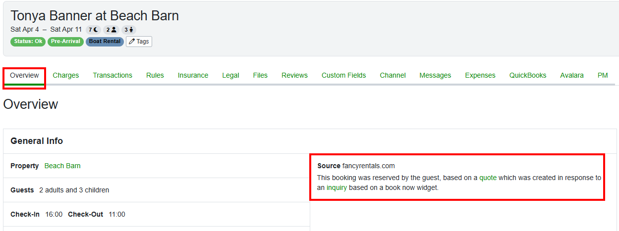 The Custom Source will now appear in the Source section of the Booking Overview.