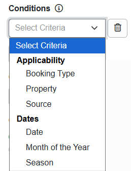Adding Conditions to your discount provides additional criteria, including Applicability (e.g., Booking Type (e.g., Guest, Owner), Property, Sources (Listing Sites), and various Date (e.g., Date, Month of the Year, Season) options.