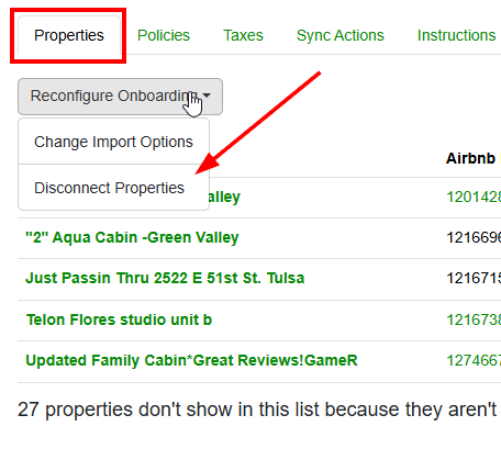 The Reconfigure Onboarding button on the Airbnb channel integration Properties tab includes a dropdown menu with options to Change Import Options or Disconnect Properties, making it easier to disconnect properties when needed.