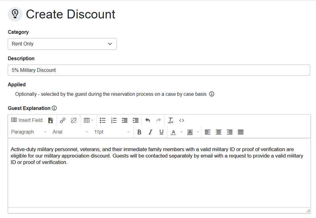 On the Create Discount page, select the Category, the discount Description, and the Guest Explanation displayed to the guest during the booking process.