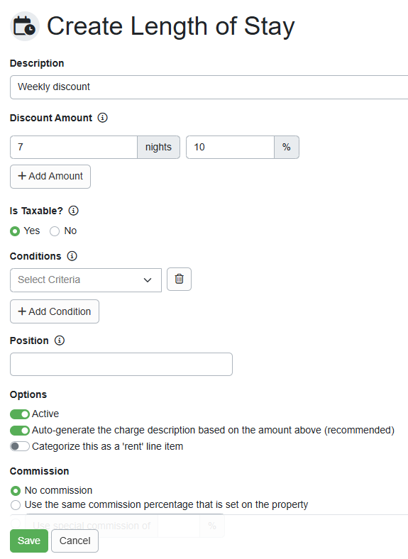 On the Create Length of Stay page, enter the Description and Discount Amount (number of Nights and Percentage).