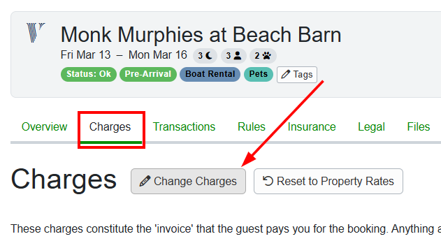 Users can change the charges for a booking by navigating to the specific Booking > Charges > Change Charges.