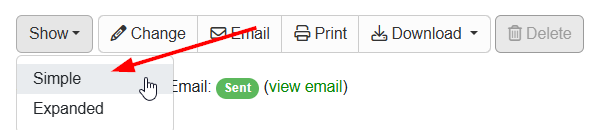 At the top of each Owner Statement, you can select either Simple or Expanded from the Show dropdown list.