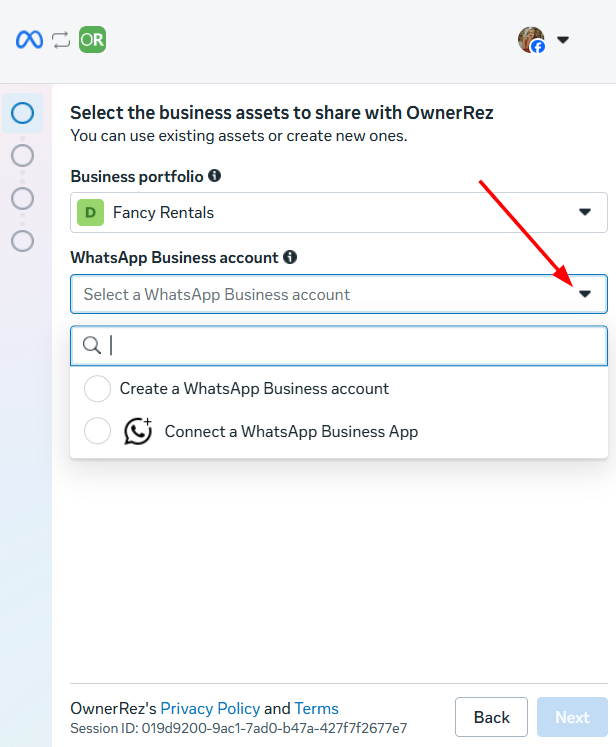 Select your Business from the Business portfolio dropdown list and either Create a new WhatsApp Business account or Connect your existing&nbsp;WhatsApp Business App.