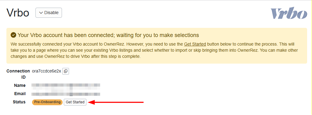 Once you have completed the Vrbo onboarding process, click on the Status Get Started button.