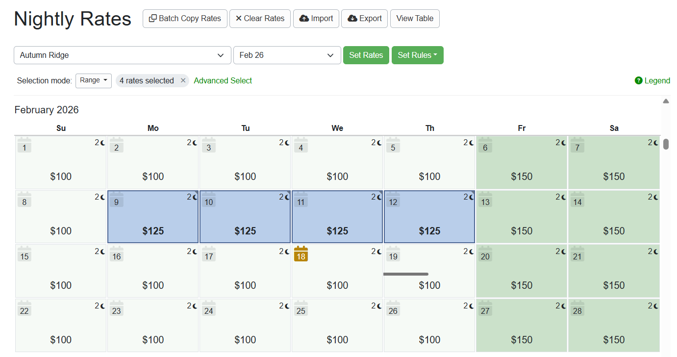 The new nightly rates will appear in a bold&nbsp;blue&nbsp;color until the saving process is complete. After the saving process is complete, the new nightly rates will be displayed in bold font.