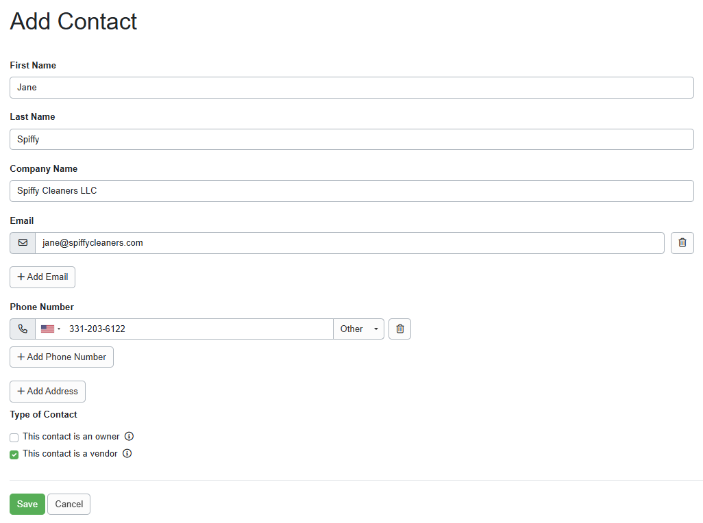 Enter your Vendor's contact information and the Contact Type (Owner or Vendor) on the Add Contact page, and click Save.