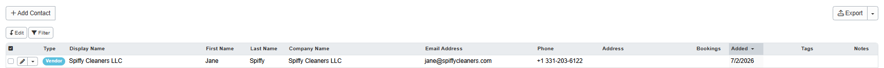 And your new Vendor contact will appear on the Contacts grid with the blue Vendor label in the Type column.