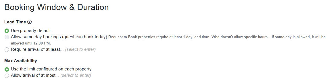 Vrbo Booking Window & Duration example