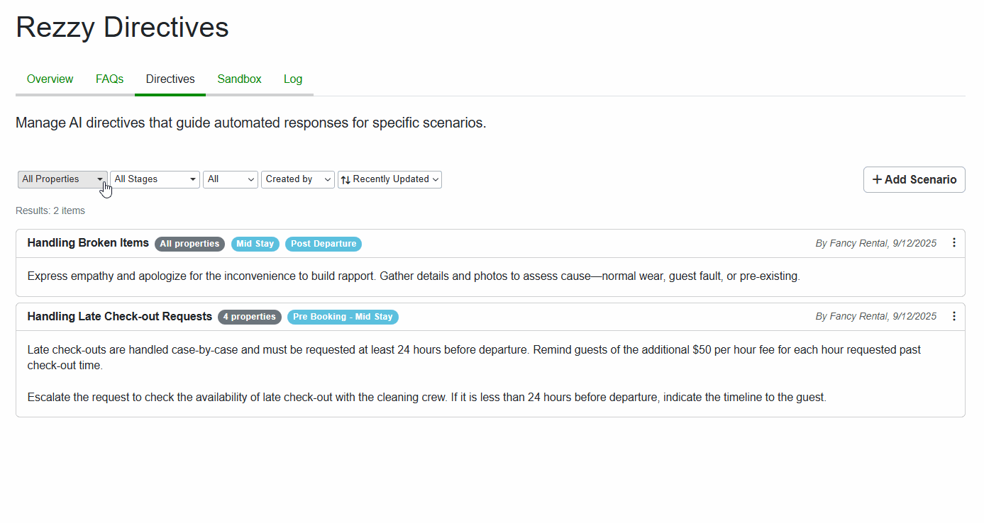 Rezzy AI Directives can be filtered or sorted by property, booking stages, enabled or disabled status, creator, and when created or updated.