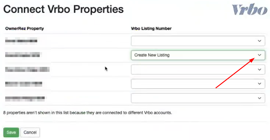 On the Connect Vrbo Properties page, in the Vrbo Listing Number column, select Create New Listing for each OwnerRez Property you want to connect to Vrbo and Save.