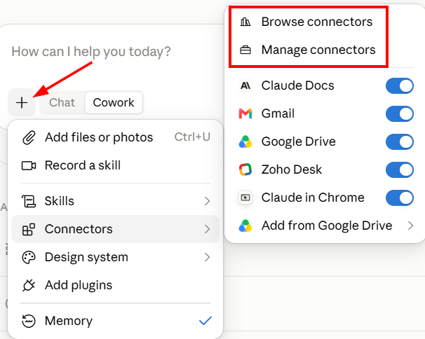 In Claude, click on the + > Connectors >&nbsp; Browse or Manage Connectors.