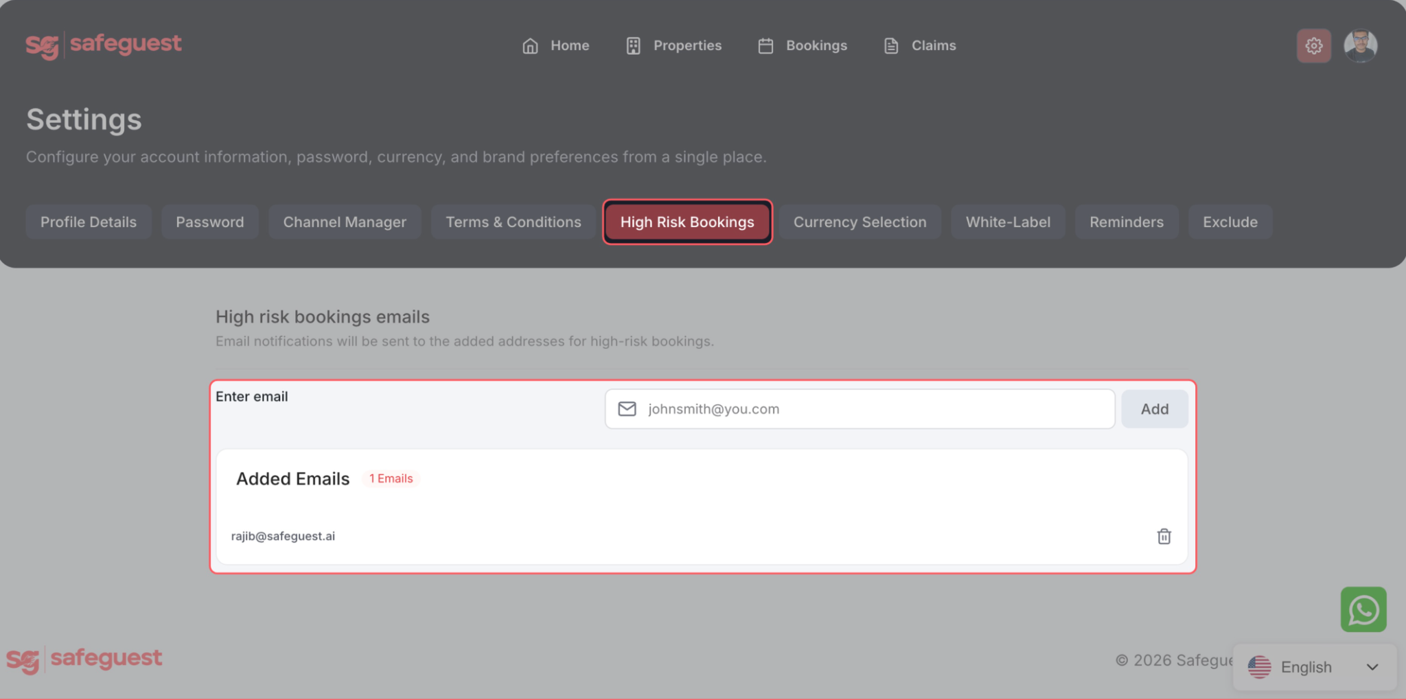 6.&nbsp;Navigate to: High Risk Bookings Page  Add the email address(es) that will receive notifications for high-risk bookings.