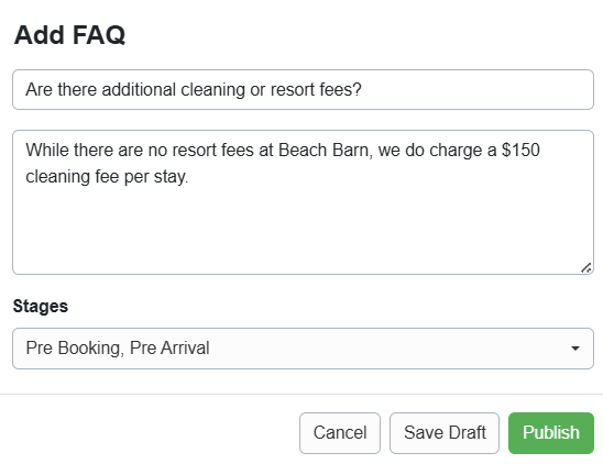 Add your FAQ, answer, select the booking stages you want it applied to on the Add FAQ popup and click Save.