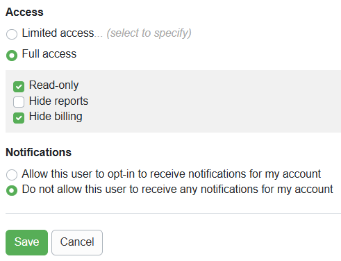 Read-only access &ndash; this user may see everything but cannot make any changes. Give your staff member&nbsp;Full Admin Access&nbsp;by selecting the Full Access button and checking the Read-only checkbox.