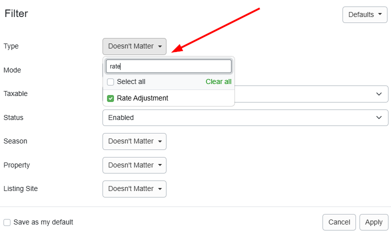 OwnerRez added the&nbsp;Rate Adjustment option to the Surcharges Filter > Type dropdown list.
