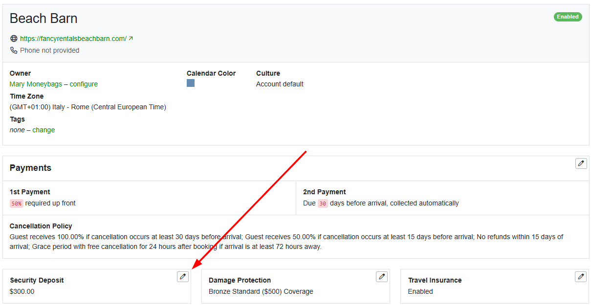 Security Deposits can be configured in the specific Property > General Info area, which allows users to directly edit security deposit rules by clicking the pencil icon.