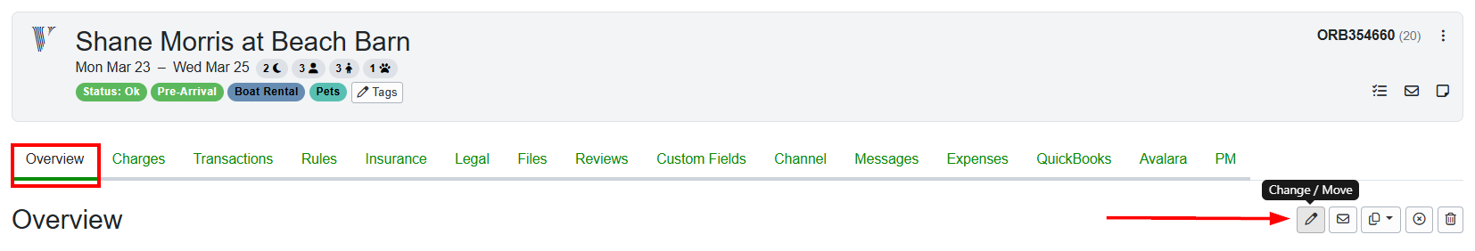 There are a couple of different ways to change booking dates. The first is to navigate to the specific Booking Overview tab and click the Change/Move pencil icon.