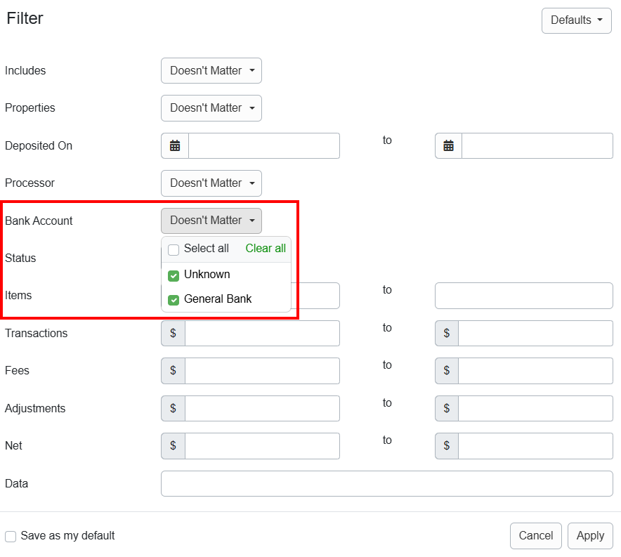 Hosts can filter by bank account by clicking the Filter button in the Deposits grid, selecting the bank account from the&nbsp;Bank Account dropdown list, and clicking Apply.