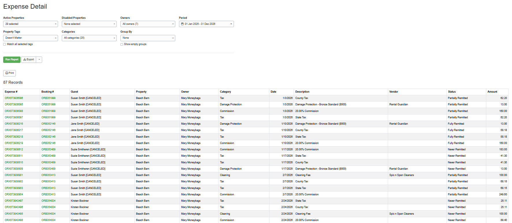 Navigate to PM > Reports > Expense Detail (or Reports > Property Management > Expense Detail), selecting from the following options, and clicking Run Report.