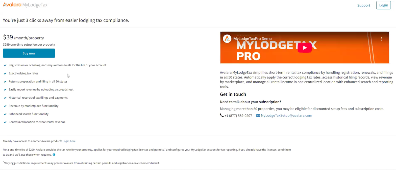 After you click the Sign Up Now button, you'll be asked to complete your Avalara MyLodge Tax subscription&nbsp;on&nbsp;Avalara&rsquo;s MyLodgeTax webpage, where you begin the purchase process. Click the Buy Now button.