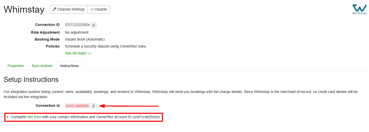  Once you save, find your Account ID on the Instructions tab, and complete Whimstay's form.