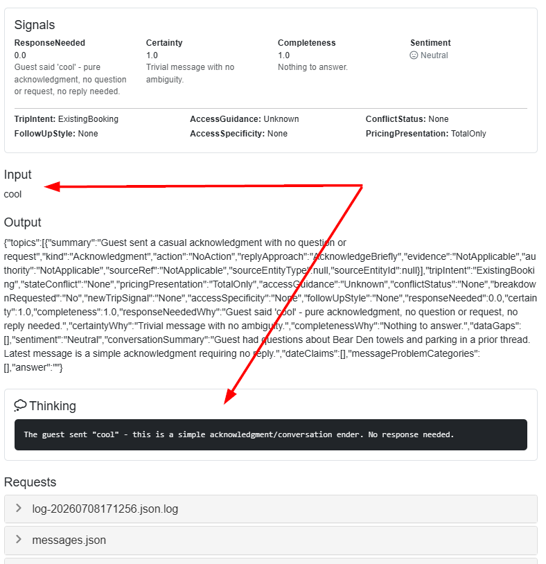 When hosts click the Rezzy reviewed log link, they'll be taken directly to the associated log that explains Rezzy AI's reasoning for not responding.