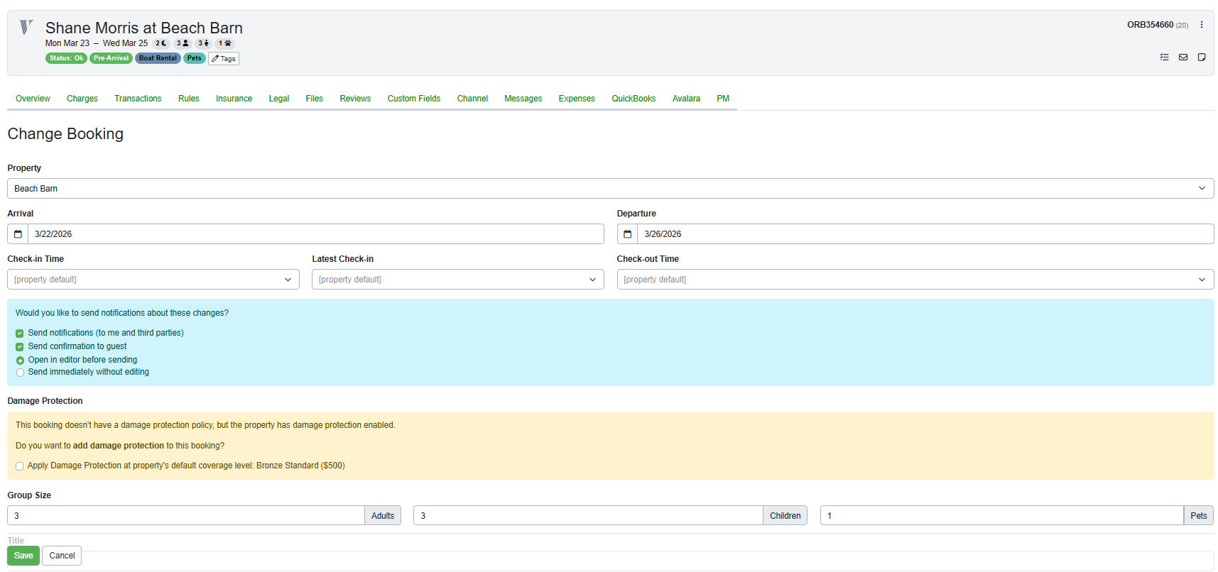 On the Change Booking page, note the following.  The blue Email Options checkboxes. By default, OwnerRez will send notifications when the dates change. Usually, you want this, but in case you don't, you can deselect the checkboxes. You can also manually edit the notification to the guest if desired. The option to add Damage Protection in the gold area. Click Save.