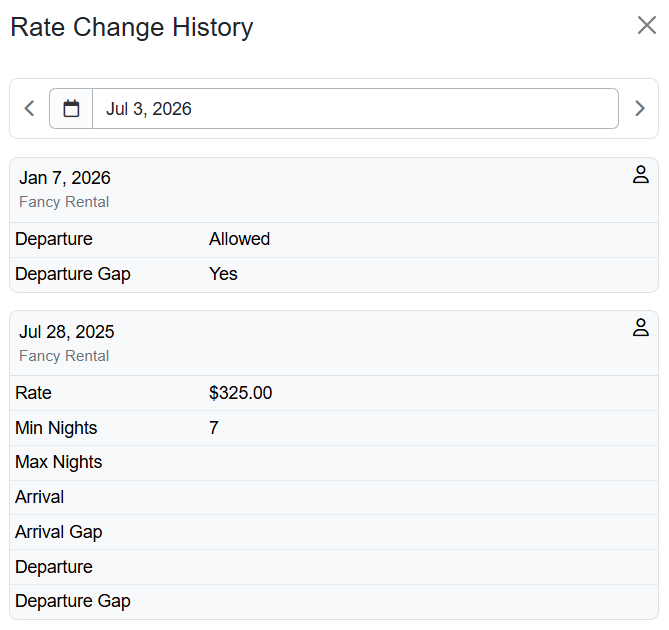 This Rate Change History identifies when the rate and minimum nights were added on July 28, 2025, by Fancy Rental, as well as a subsequent rule change made by Fancy on January 7, 2026.