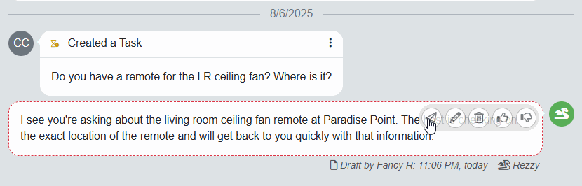 Then, when a message comes in, Rezzy will save its response as a draft that you can send manually. You can edit it before sending it, or delete it if you contact the guest using another method.
