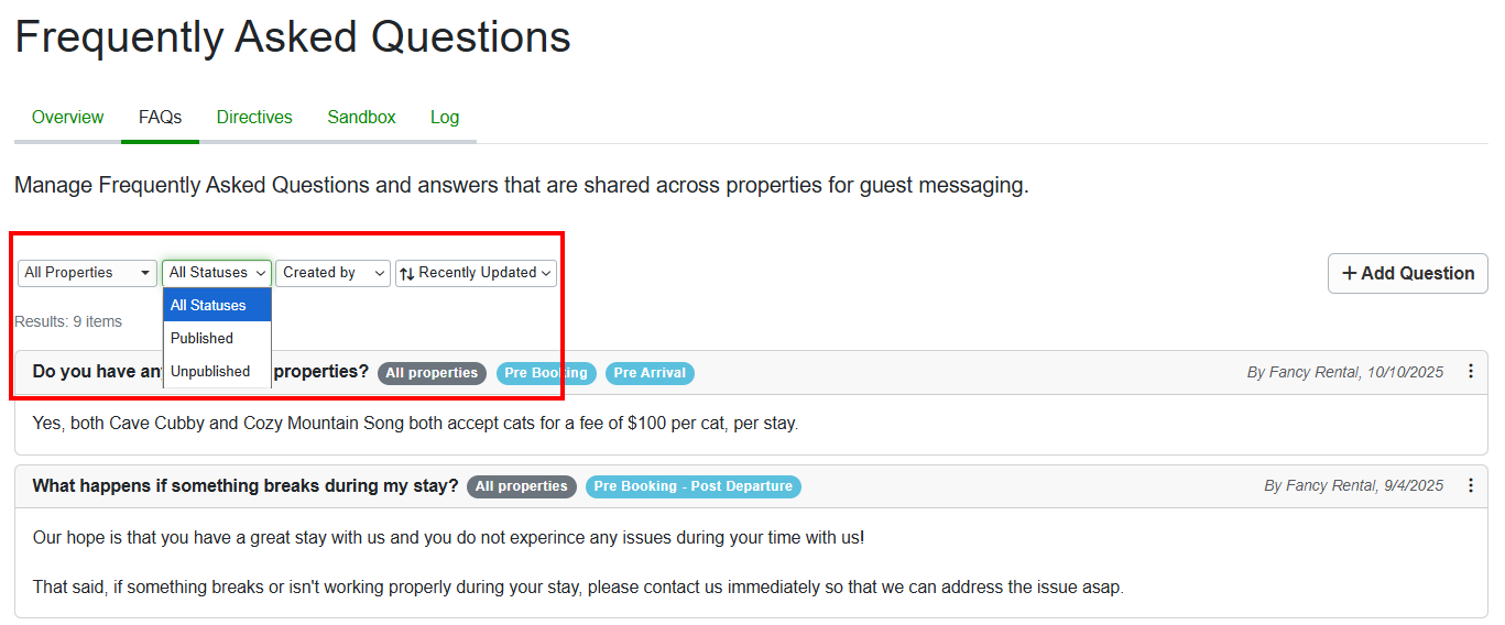 Rezzy AI FAQs filter and sort options include property, published or unpublished status, creator, and older or recently updated.