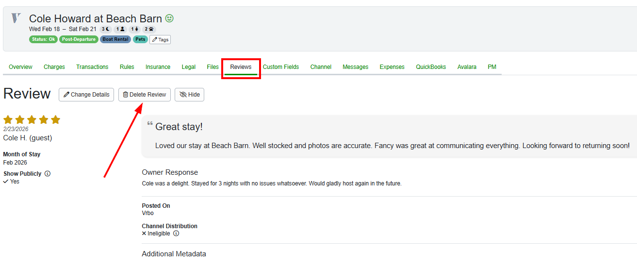 Users can permanently delete Guest Reviews by clicking the Delete Review button. Users should note that this cannot be undone.