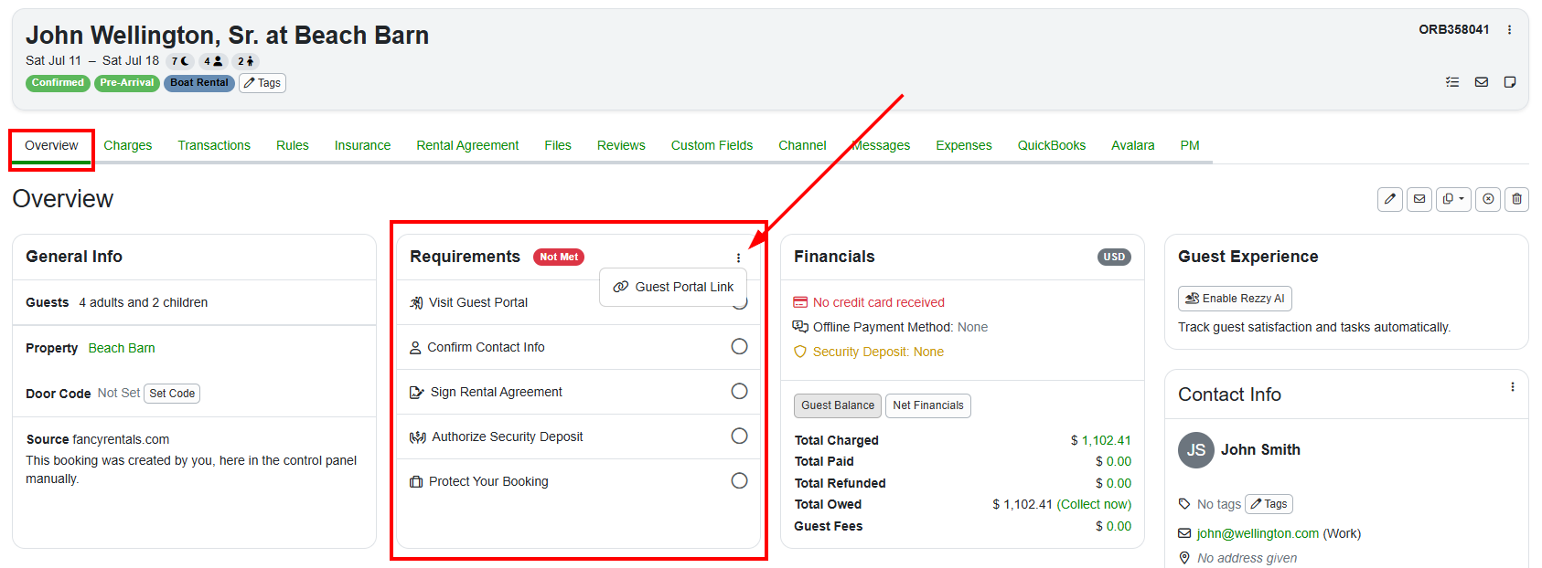 The Requirements section on the Booking Overview shows whether each booking is Met, Pending, or Not Met. This gives you instant visibility into what your guest has completed and what still requires action. Click on the upper-right kebab menu to copy the My Stay Guest Portal Link.