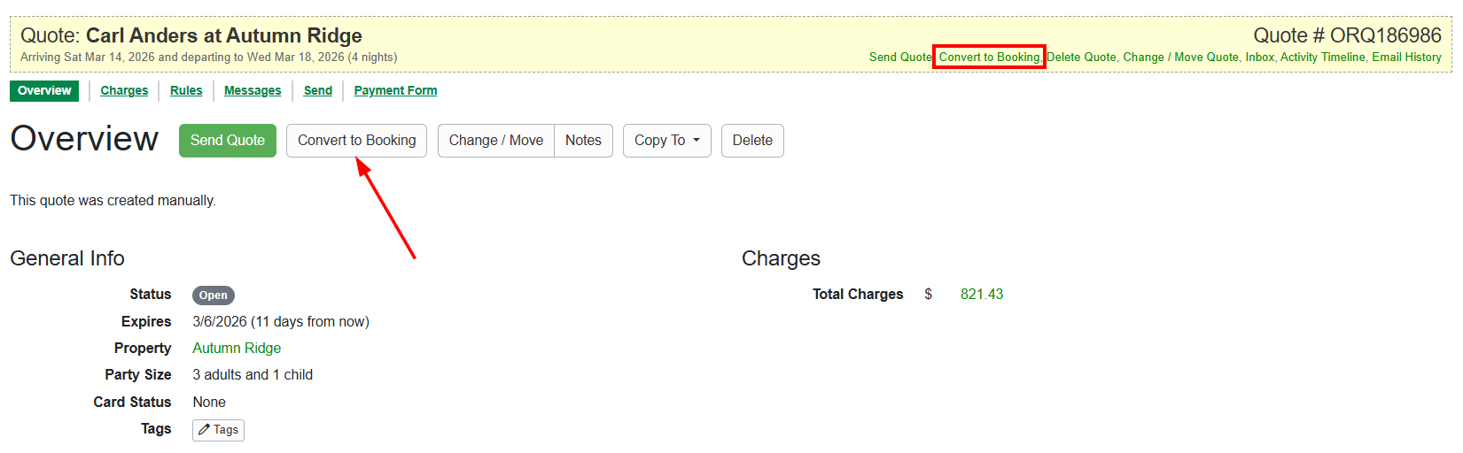 From the Quote overview, select the Convert to a Booking button.