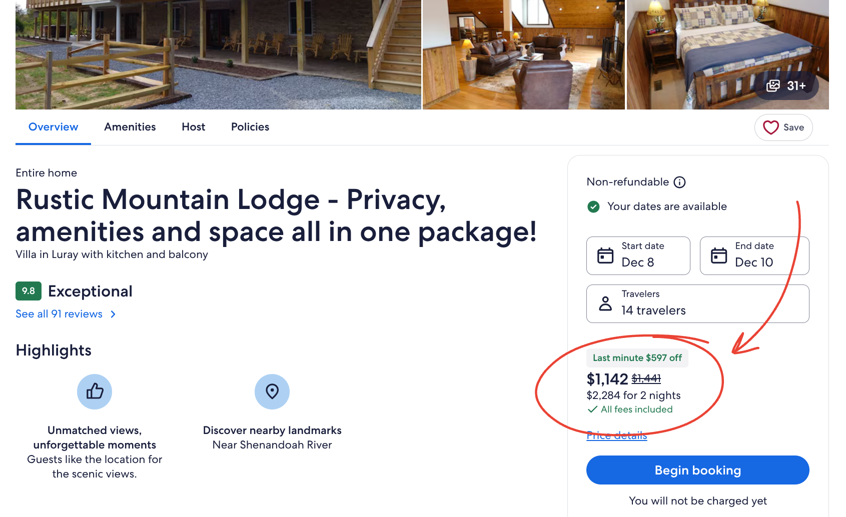 An individual Vrbo listing page, showing a live quote