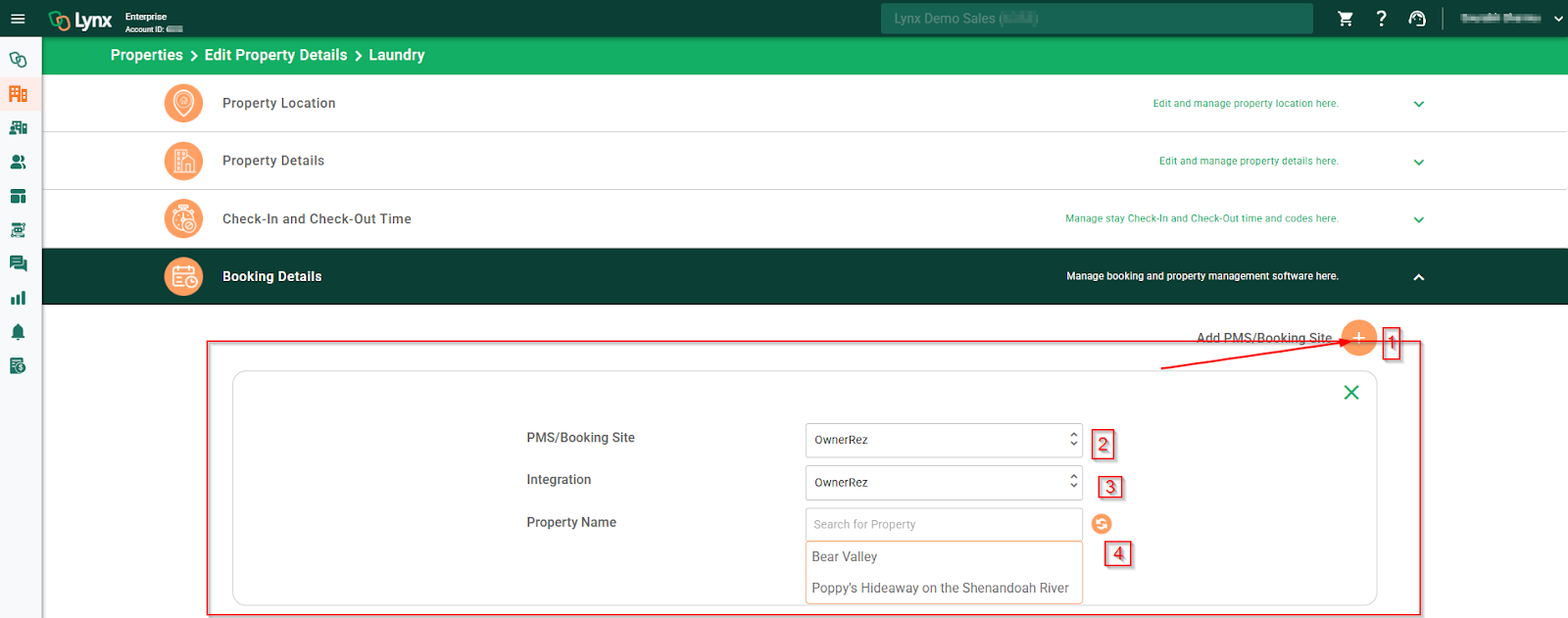 Set your PMS/Booking Site to OwnerRez and your Integration to OwnerRez. You will then see a dropdown of all your properties in OwnerRez. Select the property that corresponds to the property/door lock you have set up in Lynx.
