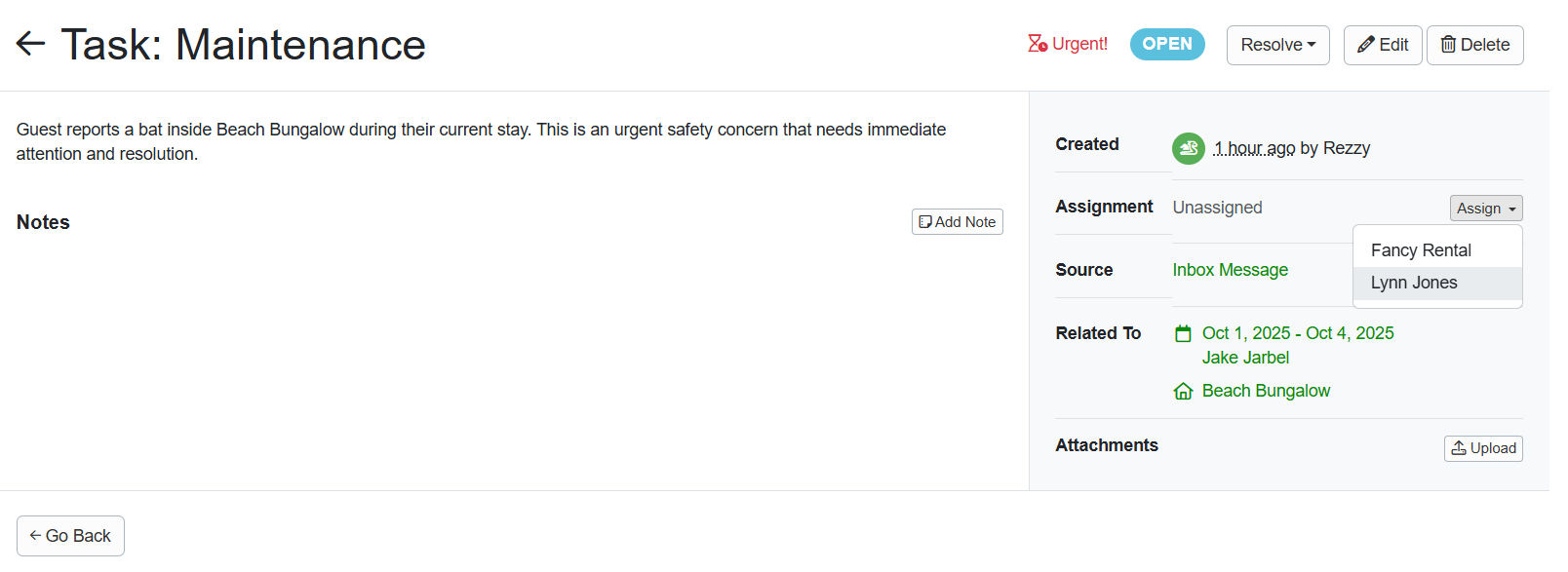 Rezzy AI generated a Guest Request task to follow up on the bat issue.