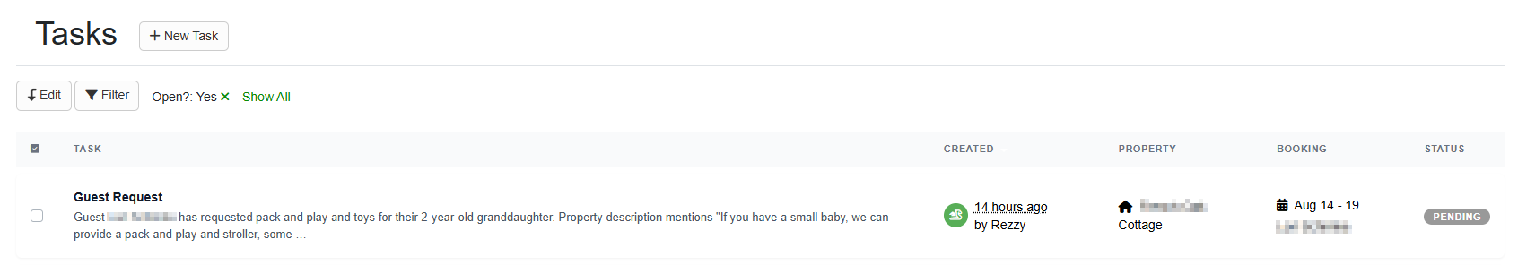 Rezzy AI generated a Guest Request task to follow up on the pack-and-play request.