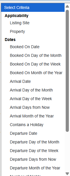 Adding Conditions to your discount provides additional criteria for the discount, including Listing Sites, Dates, and Guest options.