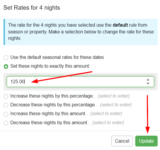 In the Set Rates pop-up, enter the desired nightly rate. In this example, we set the rate for the 11 selected nights to $175.00 each and then click Update.