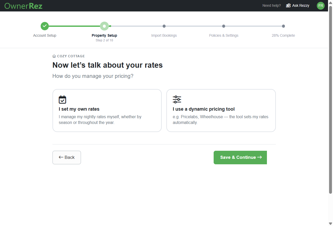 Select whether you want to set your own rates or use a dynamic pricing tool, and click Save & Continue.