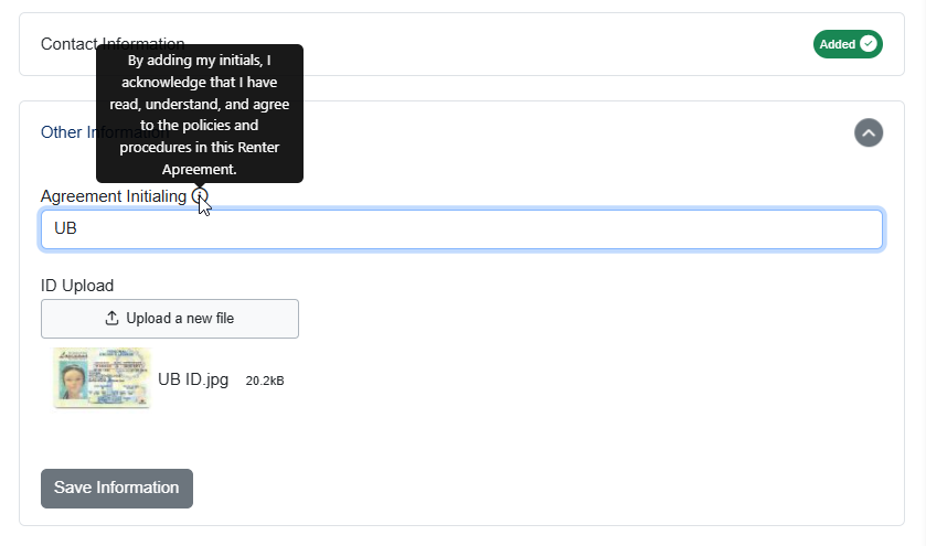 The guest adds their initials to the Agreement Initialing field and, if needed, uploads an image of their ID in the Other Information section. When saved, the Travel Insurance section automatically opens.