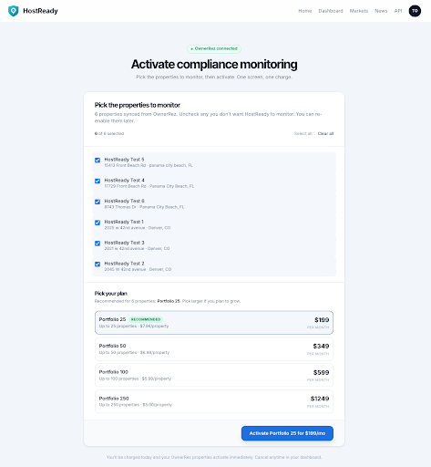 You will be redirected to HostReady, where your active properties will sync automatically. Uncheck any properties you don&rsquo;t want to monitor, then choose and activate your plan. Remember, monitoring is included in a paid plan, so properties will stay unmonitored until activated.