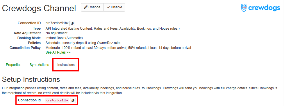 Once you save, find your Account ID on the Instructions tab, and contact support@crewdogs.com with your Connection ID or visit https://www.crewdogs.com/listings/addplace and continue with OwnerRez signup/login.
