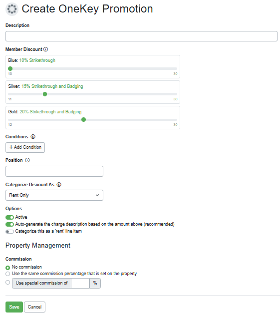 Add a description, use the sliders to adjust the OneKey discount for each member discount tier (Blue, Silver, and Gold), and add any conditions or positions. Select the discount categorization and options, and add any PM options.