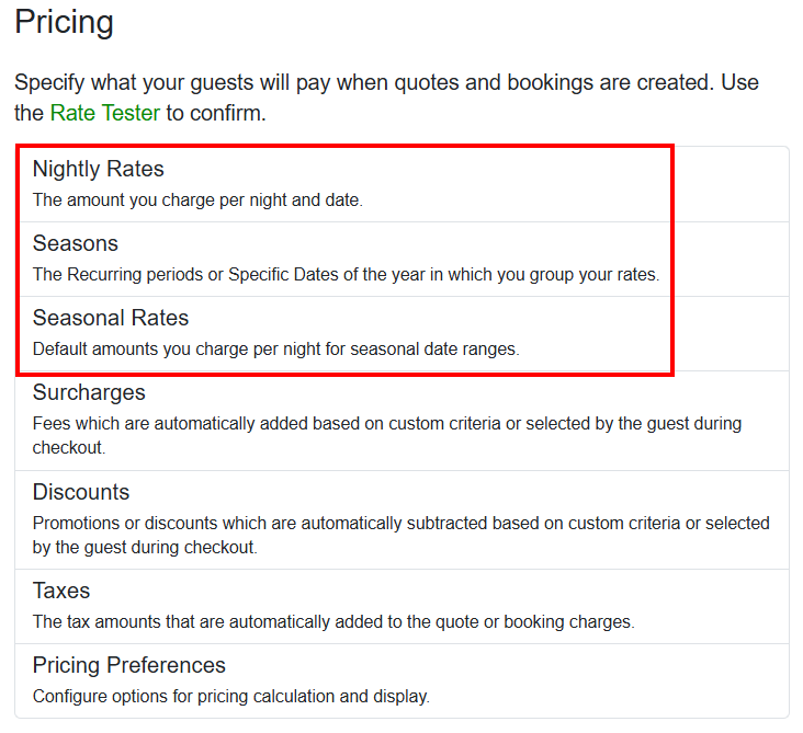 We renamed Rates to Nightly Rates and added a dedicated Seasonal Rates area to the Settings > Pricing area.