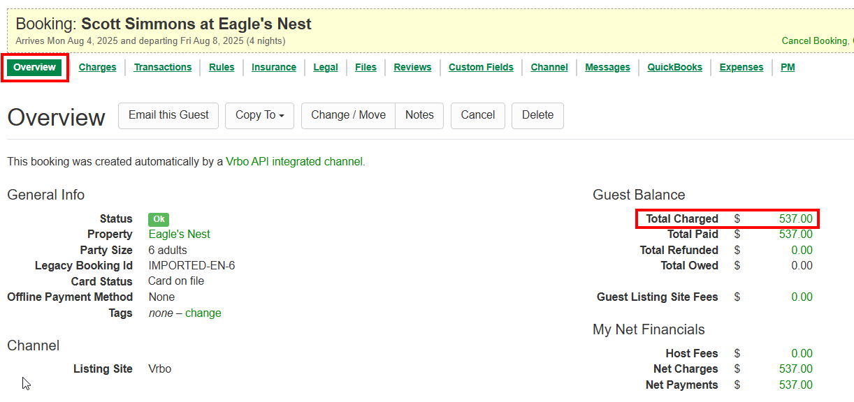 On the individual Booking > Overview > Guest Balance, copy the amount of the Total Charged.